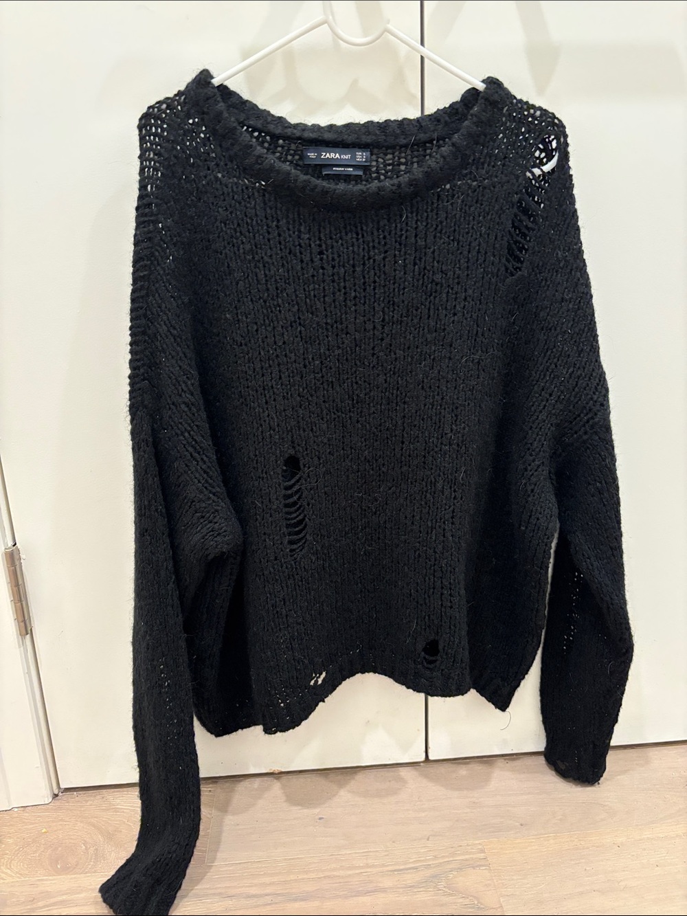 Zara Black Distressed Open-Knit Crewneck Sweater